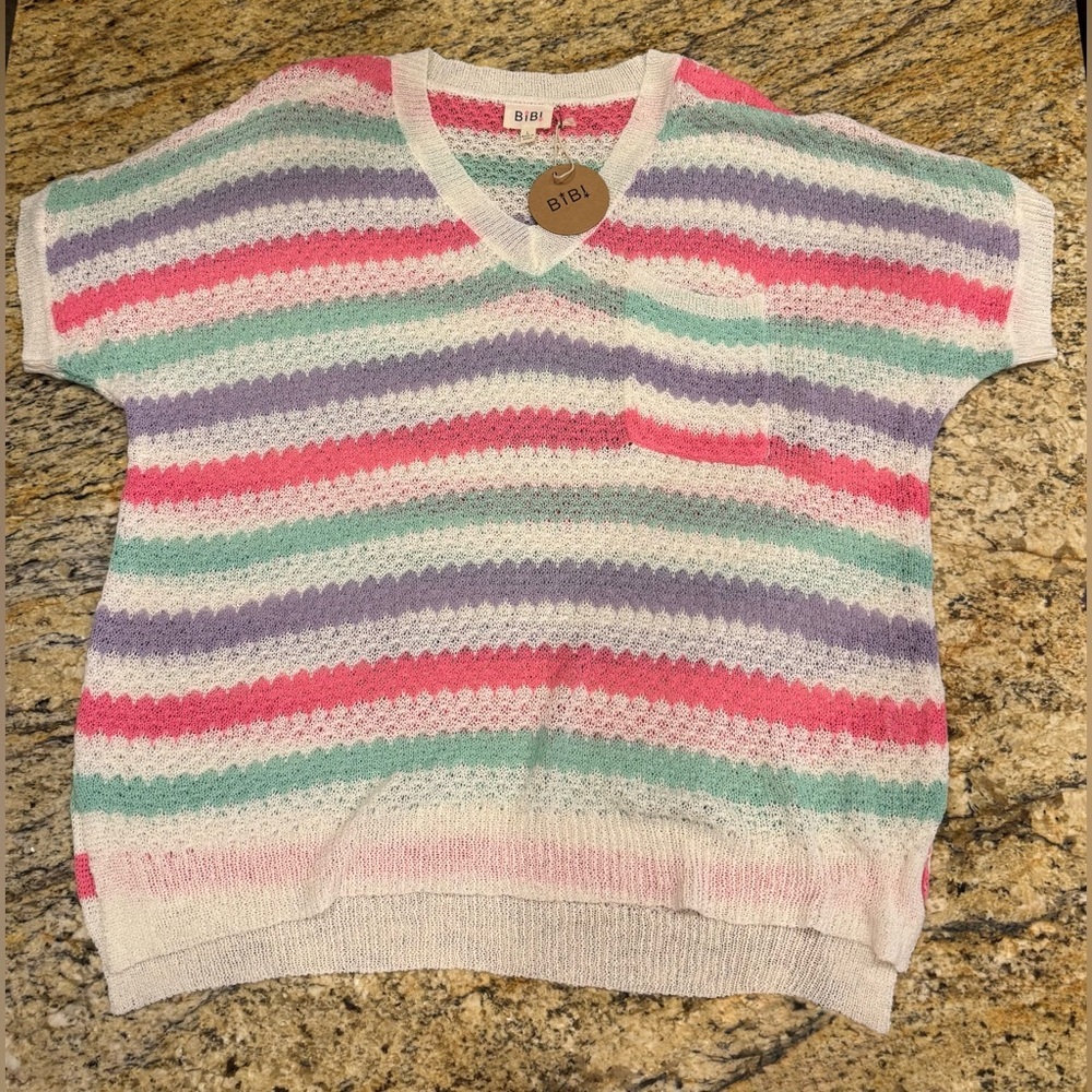 NWT Bibi White/Multicolor Striped Short Sleeve Sweater Women's Size L Oversized - Picture 3 of 8